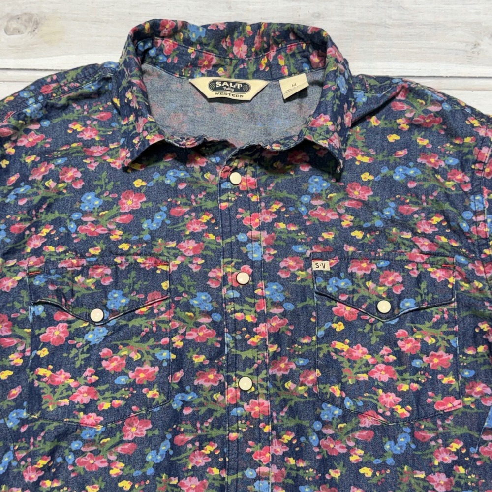 Salt Valley Western Shirt Mens Medium Blue Floral Pearl Snap Long Sleeve Denim